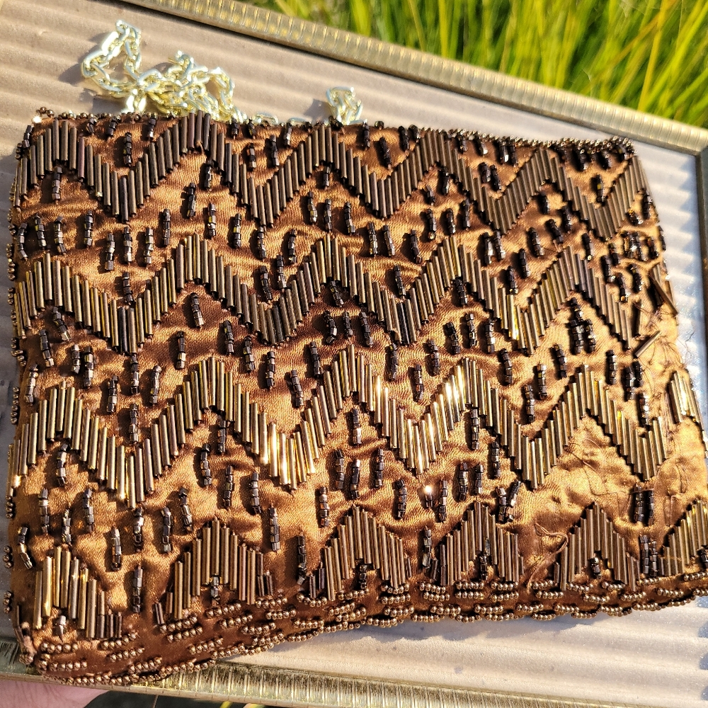 Fine Arts Beaded Bag ~ Vintage ~ Hong Kong ~ Bronze Shimmer ~ Needs TLC